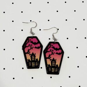 Pink Orange Haunted House Earrings Stainless Steel Hooks Halloween Funky NEW